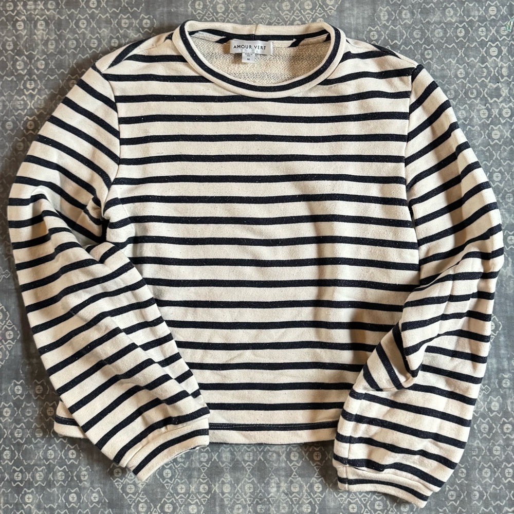 Amour Vert Navy and Cream Striped Crewneck Sweater